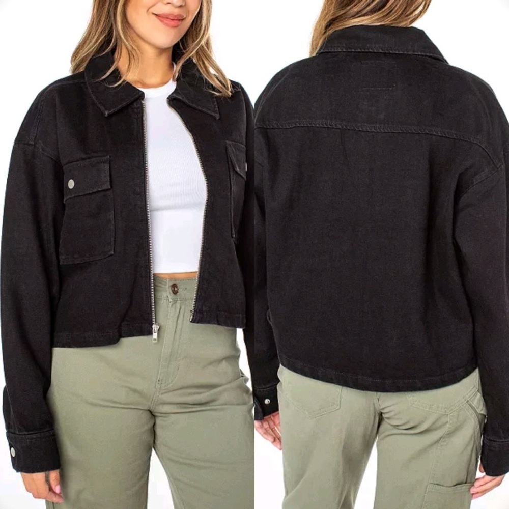 Celebrity Pink Juniors' Collared Denim Shacket Jacket Black Denim Size L‎ #135